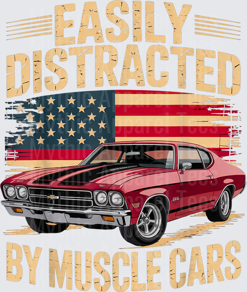 Easily Distracted by Muscle Cars Retro Red Classic car Vibe T-Shirt