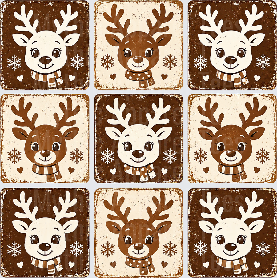 Cute Christmas Reindeer Face Vintage Distressed Nine Panel Grid Brown and Cream Snowflake Holiday Bundle