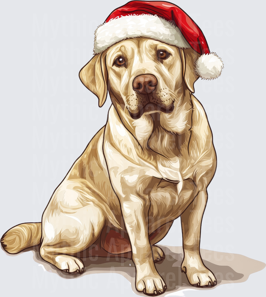 Yellow Labrador Retriever Sitting with Red Santa Hat Christmas Holiday