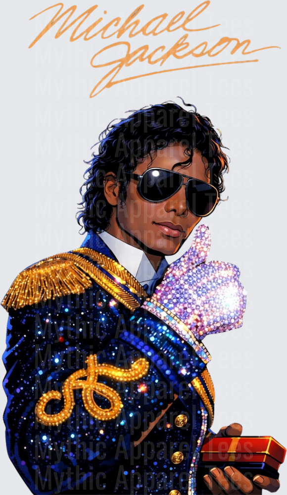 Michael Jackson King of Pop Illustrated Portrait with Sparkling Glove Blue Galaxy Military Jacket and Gold Epaulettes