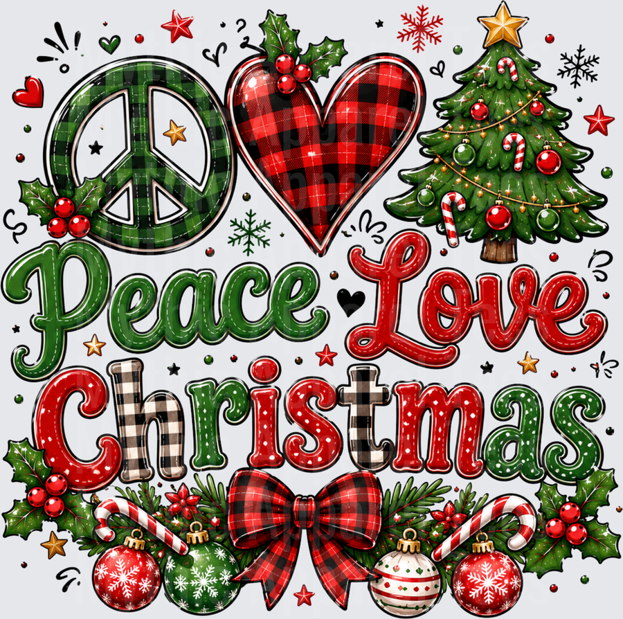 Peace Love Christmas Buffalo Plaid Peace Sign Heart Tree Holly Ornaments Holiday Design