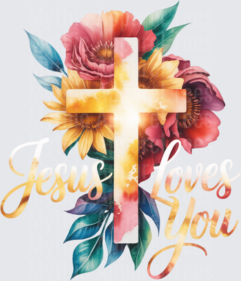 Jesus Loves You Floral Cross with Sunflowers and Roses Watercolor Gold Script