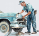 Watercolor Mechanic Repairing Classic 1950s Vintage Car with Tools Scattered on Ground