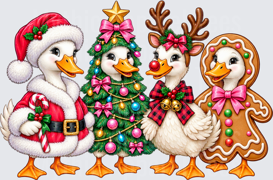 Christmas Holiday Ducks in Festive Costumes Santa Christmas Tree Reindeer and Gingerbread Costume Squad