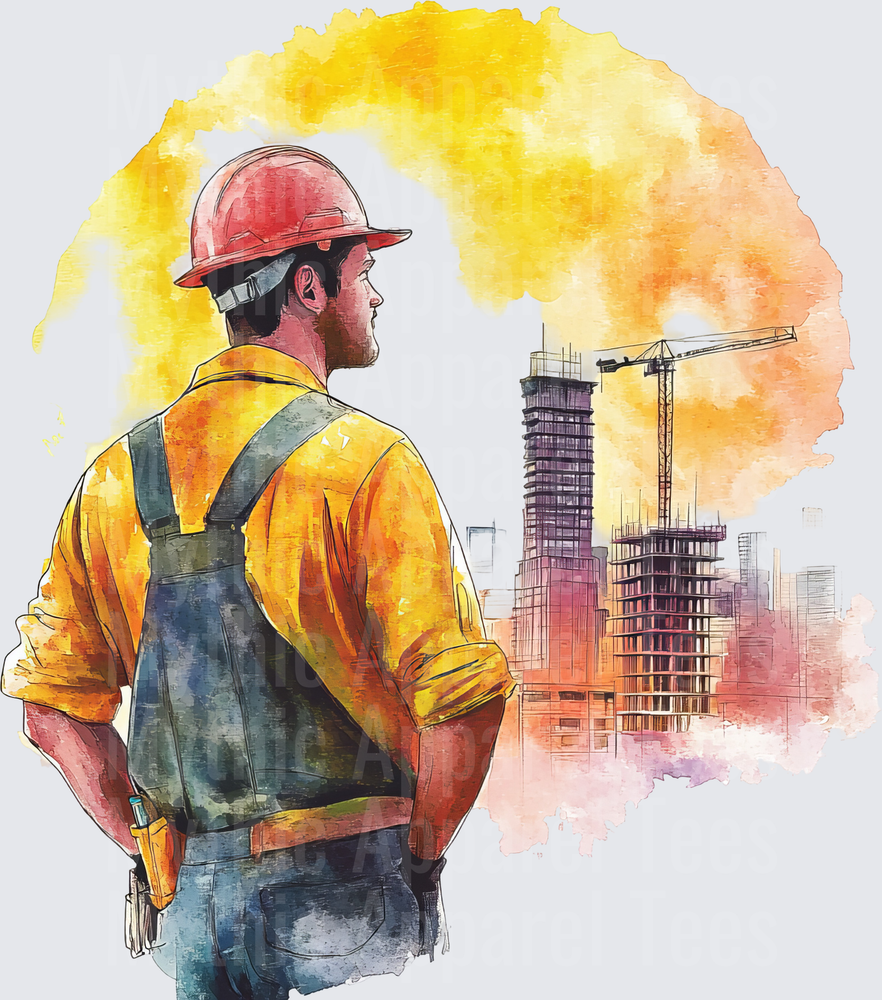 Watercolor Construction Worker in Red Hard Hat Overlooking Building Site with Tower Crane