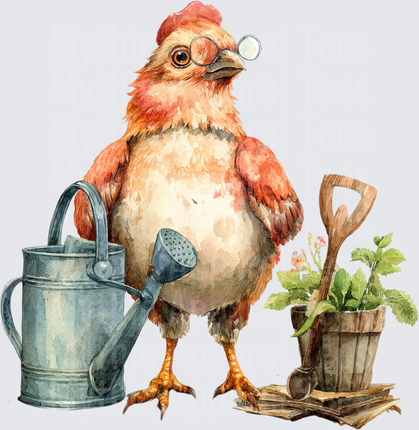 Watercolor Gardening Hen with Glasses Watering Can and Potted Plant