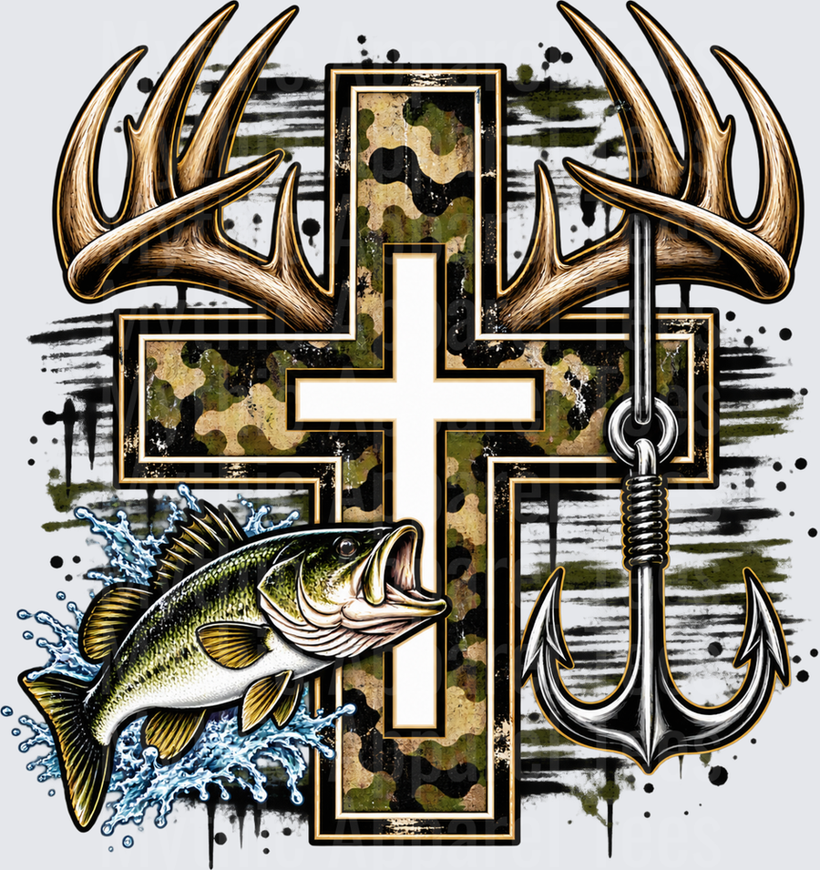Faith Hunt Fish Camo Cross with Deer Antlers Bass Jumping and Triple Hook Anchor Grunge Design
