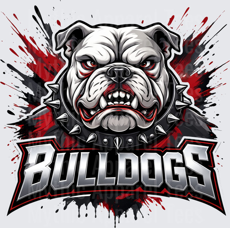 Fierce Growling Bulldog Mascot with Spiked Collar Red Eyes and Paint Splatter Bulldogs Team Logo