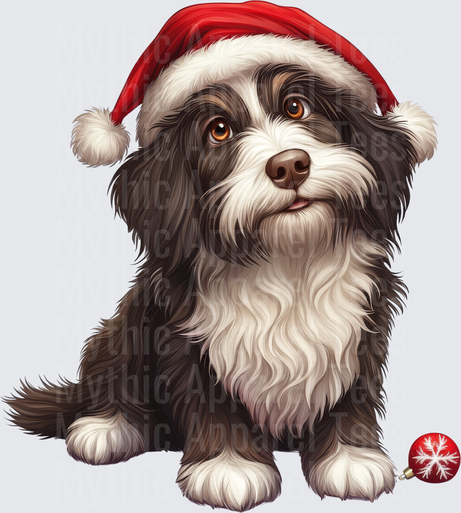 Fluffy Black and White Havanese Puppy Santa Hat Christmas Ornament Holiday