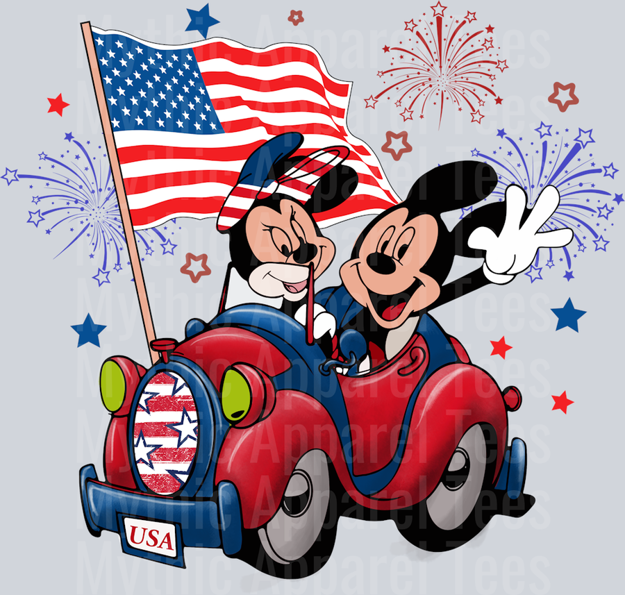 Mickey and Mini with American Flag and Car DTF Patriotic Disney Transfers