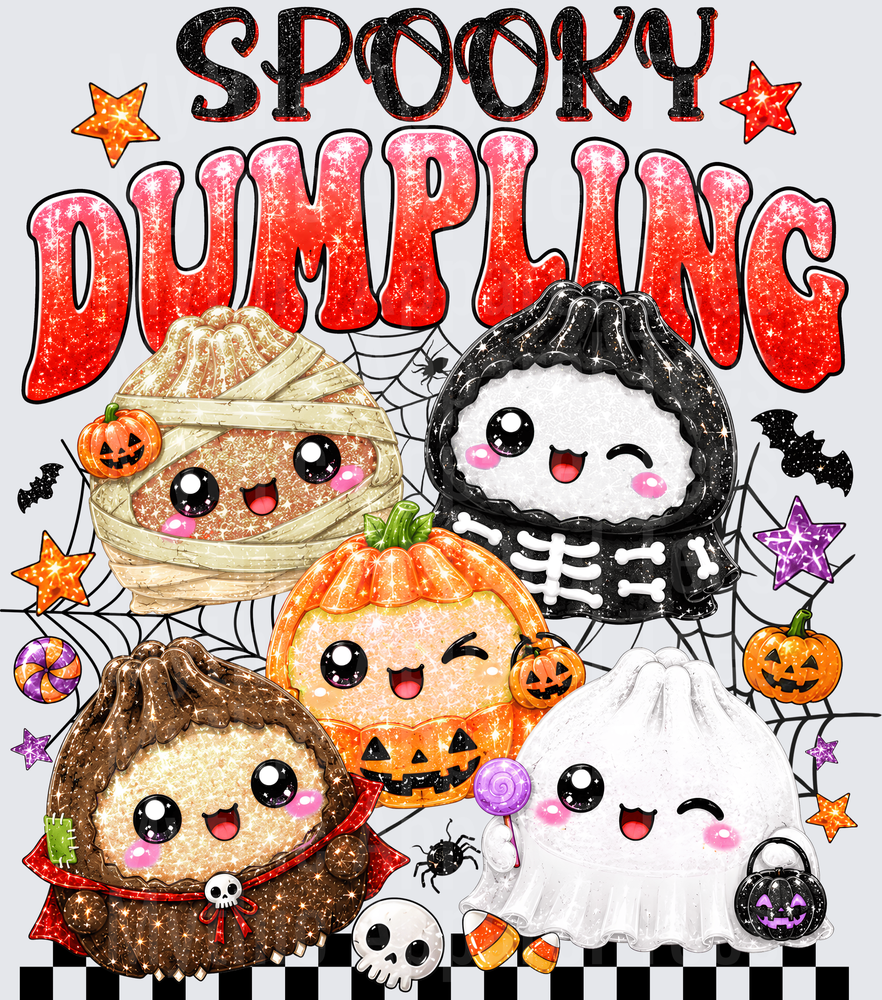 Dumplings Spooky Dumpling Kawaii Halloween Cute Mummy Skeleton Pumpkin Vampire Ghost Dumpling Characters with Bats Stars and Jack-o-Lanterns