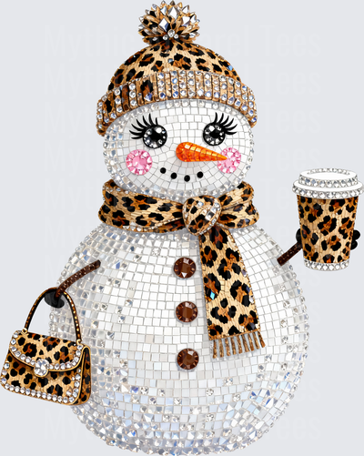 Pro Christmas Disco Ball Rhinestone Snowman with Leopard Print Beanie Scarf Coffee Cup and Handbag