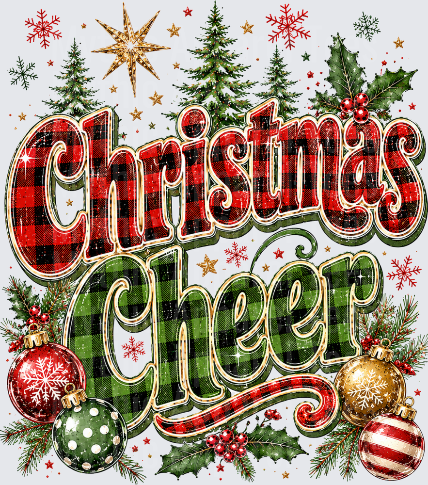 Christmas Cheer Buffalo Plaid Lettering with Holiday Ornaments Holly Berries Pine Trees and Snowflakes