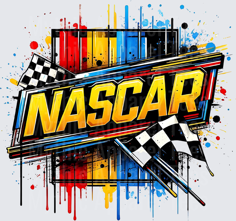 NASCAR Bold Graffiti Style Lettering with Checkered Racing Flags and Colorful Paint Splatter