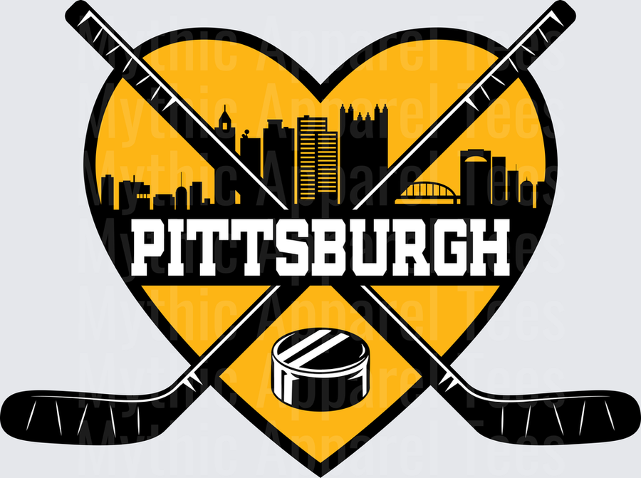NHL Teams Pittsburgh Hockey Heart Skyline Crossed Sticks Puck