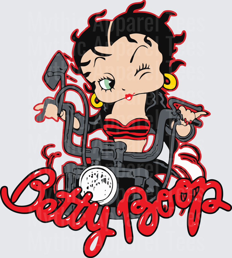 Betty Boop Biker Chick Riding Motorcycle Red Script Logo
