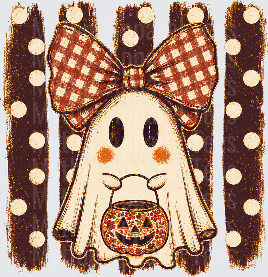 Fall Designs Cute Ghost with Buffalo Plaid Bow Holding Floral Jack-O-Lantern Pumpkin on Rustic Polka Dot Stripe Background