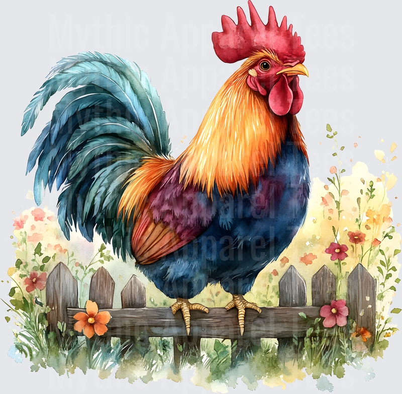 Farm Life and Farm Animals Watercolor Rooster on Garden Fence