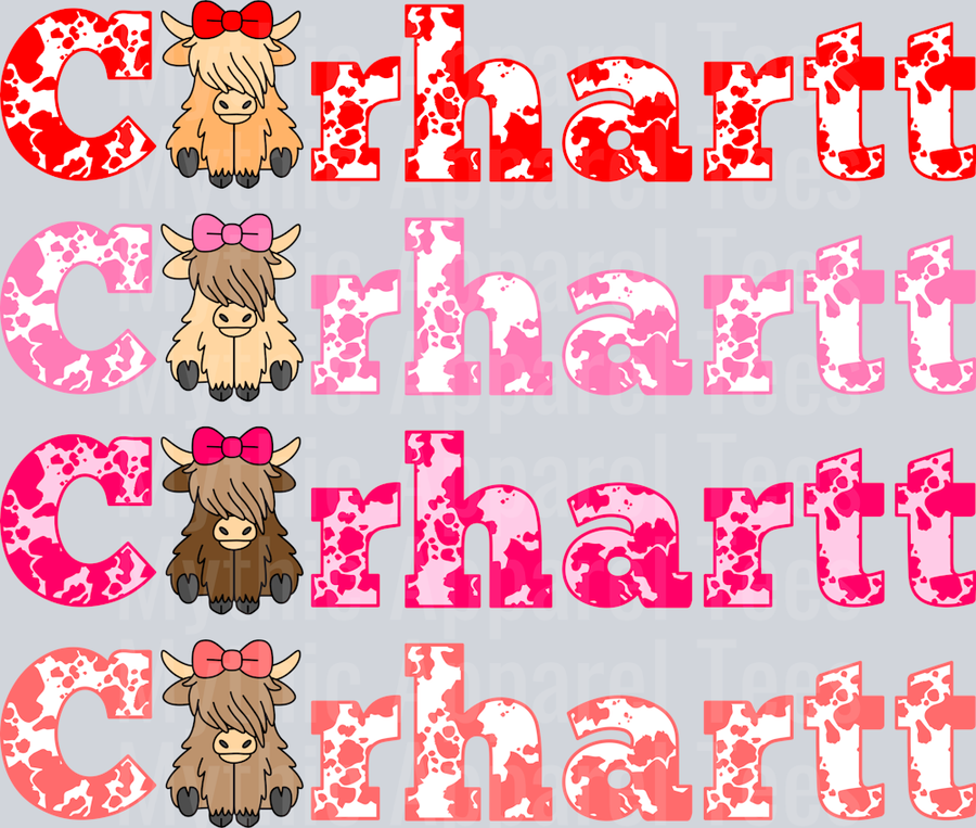 Red Pink Dark Pink and Coral Carhartt Highland Cows DTF Carhartt Highland Cow Transfers