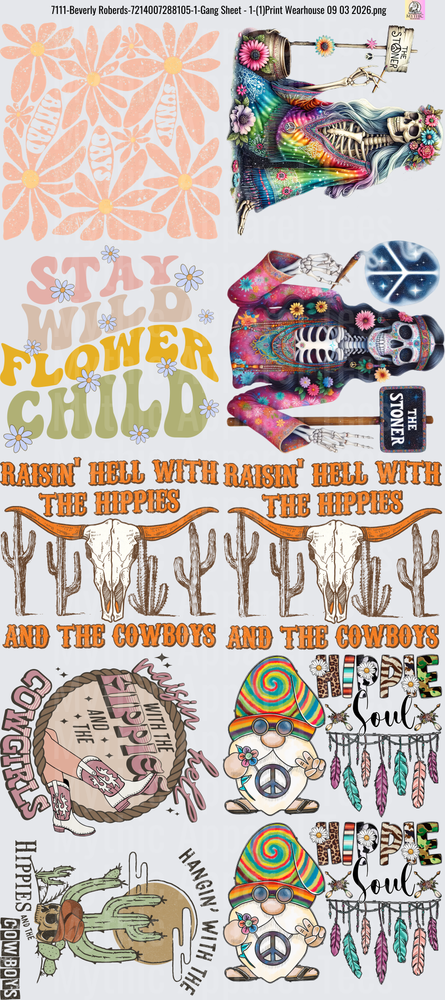 Gang Sheet FULL SIZE DESIGNS Hippie Flower Child Skull Western Boho Peace Sign Collection