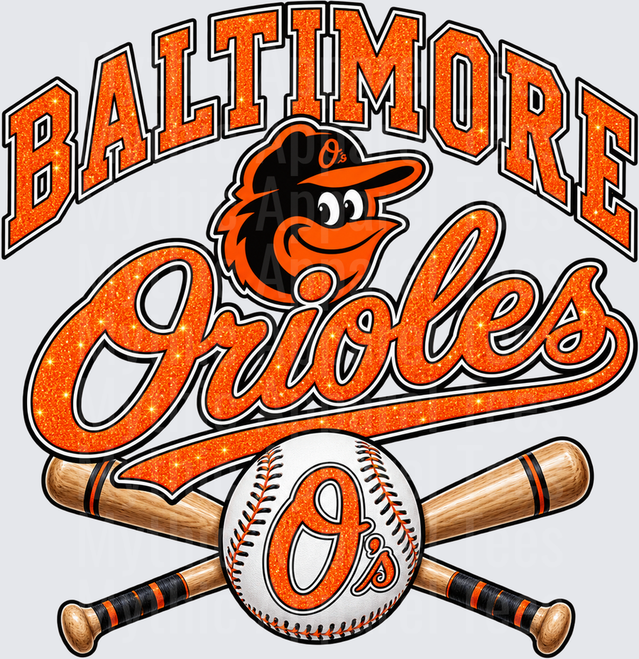 Baltimore Orioles Glitter Orange Arched Lettering with Cartoon Bird Mascot Crossed Bats and O's Baseball
