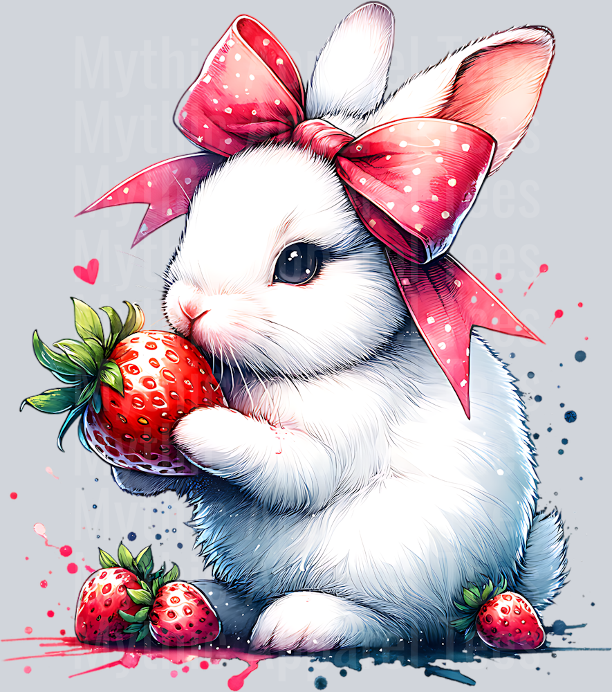 BUNNY WITH PINK BOW AND STRAWBERRIES CLIPART PNG