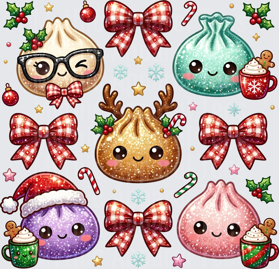 Kawaii Christmas Dumpling and Pouch Characters with Glitter Plaid Bows Holly and Holiday Accents