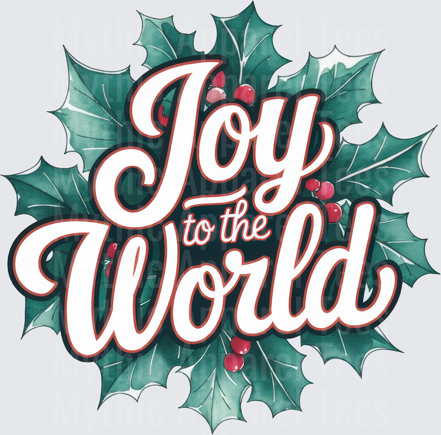 Joy to the World Script Lettering with Holly Leaves and Red Berries Christmas Design