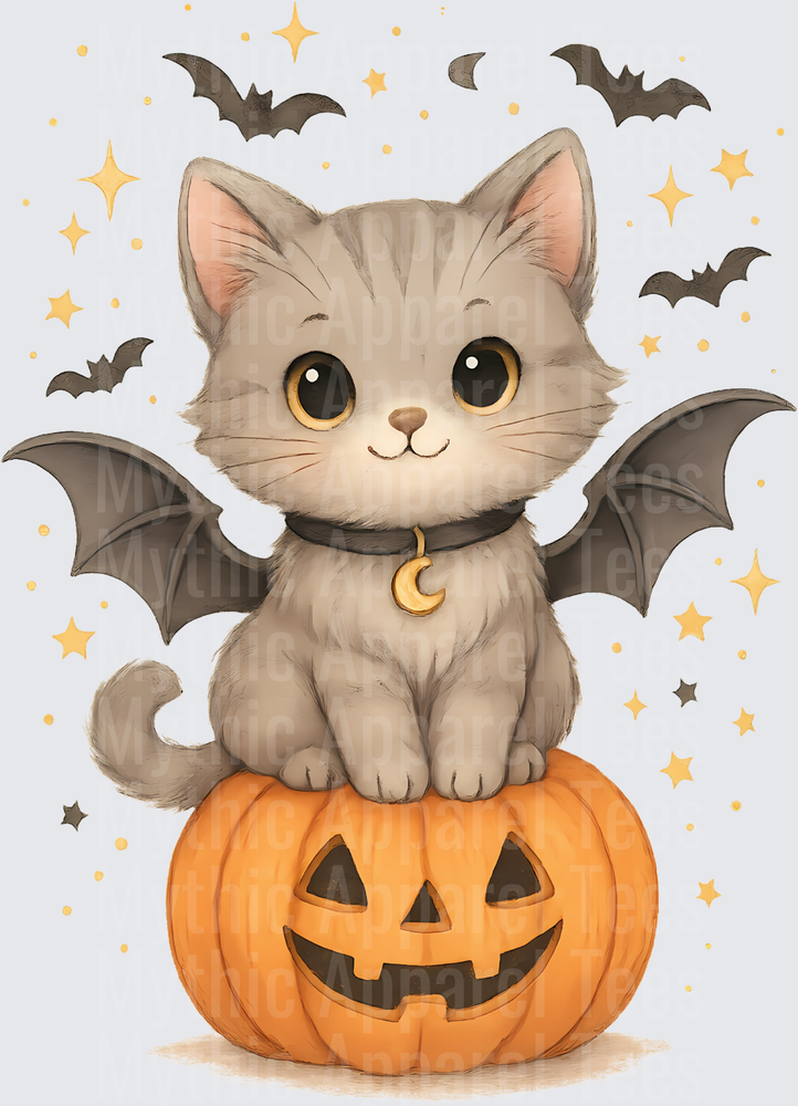 Cute Gray Kitten With Bat Wings Sitting on Jack-O-Lantern with Flying Bats and Gold Stars