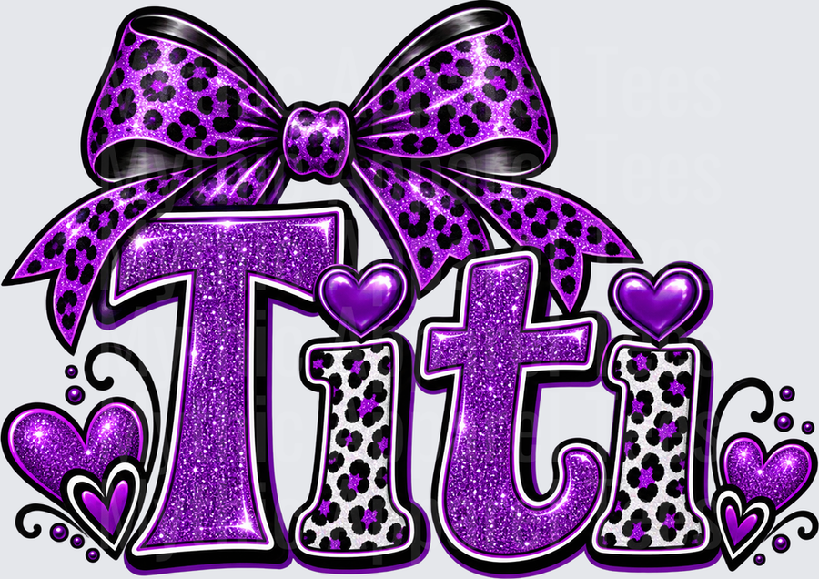 Titi Purple Glitter Leopard Print Bow and Hearts Mixed Font Design