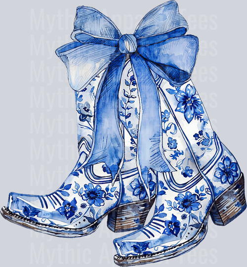 Blue and White Porcelain Style with Blue bow DTF Western Girl Transfers