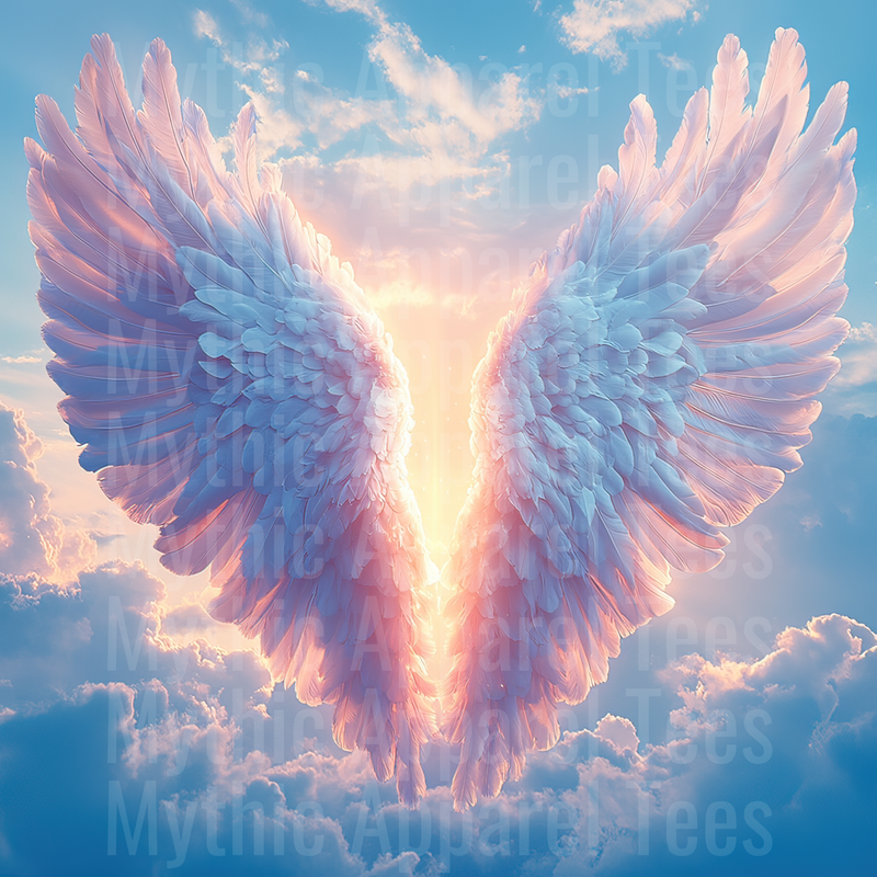 Angel Wings Glowing Pastel Feathers Among Heavenly Clouds