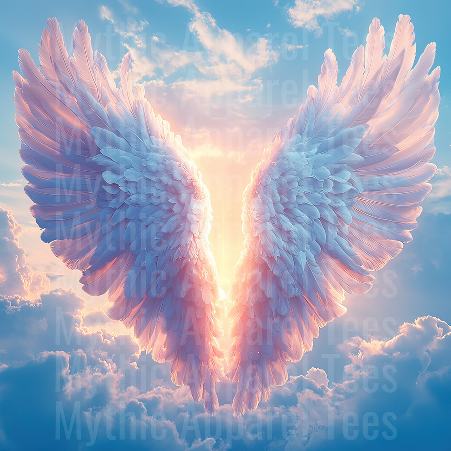 Angel Wings Glowing Pastel Feathers Among Heavenly Clouds