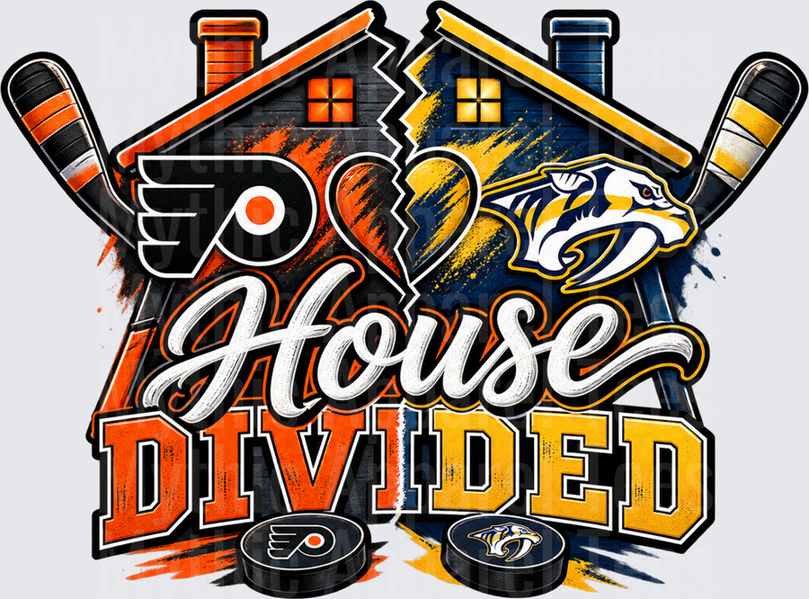 House Divided Philadelphia Flyers vs Nashville Predators NHL Hockey Split Broken Heart Crossed Sticks Pucks Design