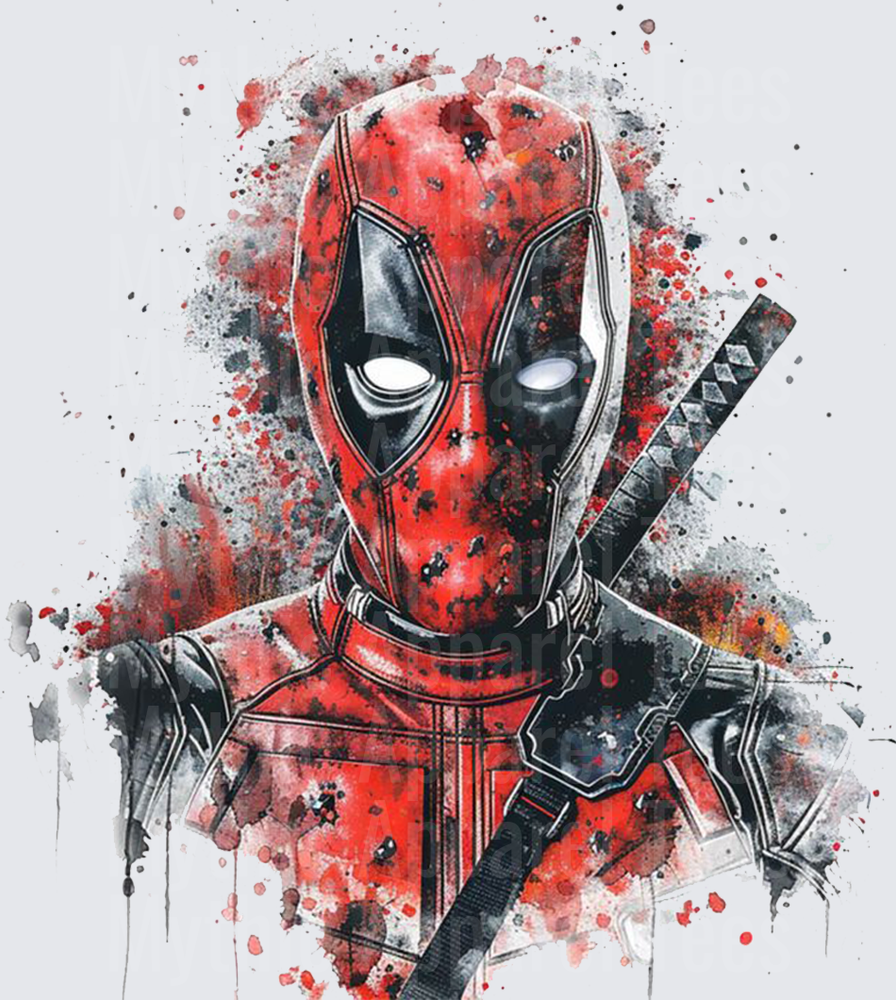 Marvel Super Heroes Deadpool Watercolor Splatter Portrait with Katana