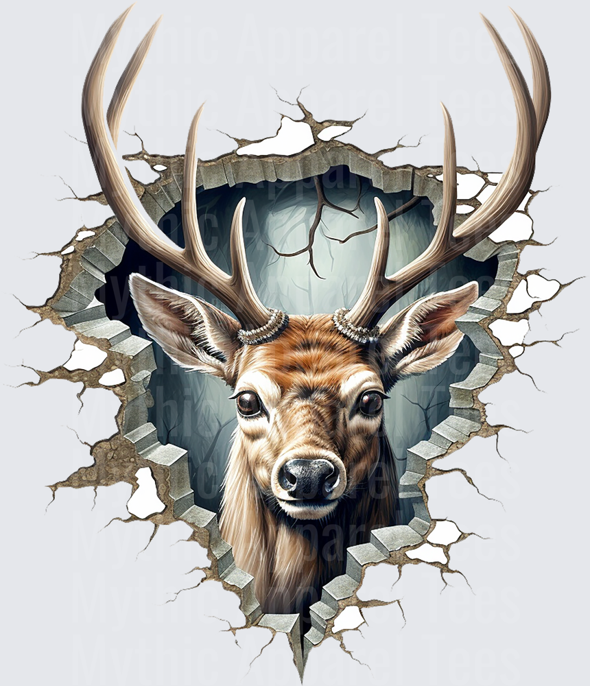 Whitetail Buck Bursting Through Cracked Stone Wall with Large Antlers Misty Forest Background