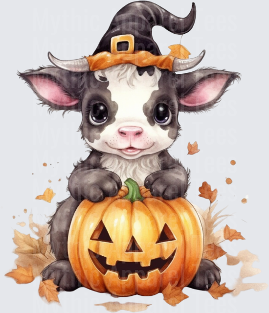 Cute Baby Cow Wearing Witch Hat Holding Jack-O-Lantern Pumpkin Watercolor Halloween Fall Leaves