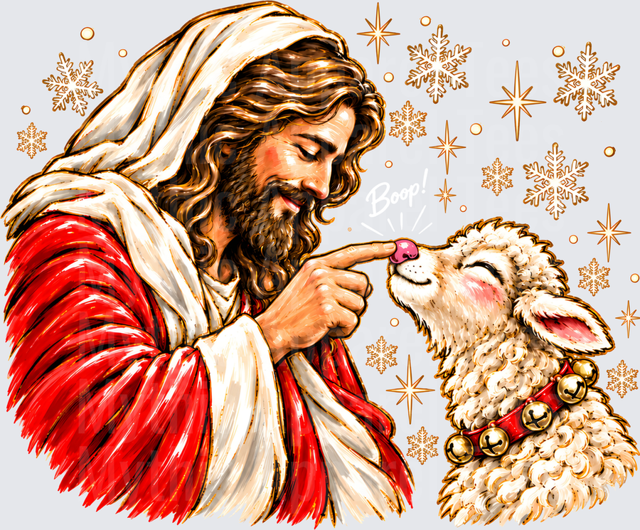 Jesus with Cute Lamb Licking Finger Christmas Holiday Gold Snowflakes Stars Religious Design