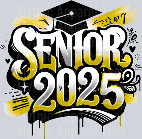 0035 Senior 2025 Airburshed Gold and Black 1 DTF 2025 Senior Graduation Transfers