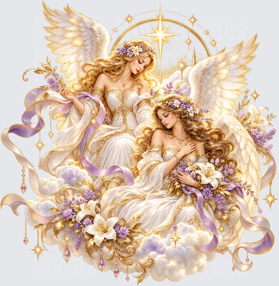 Angels Among the Clouds Lavender and Gold Celestial Wings with Star Halo and White Lily Blossoms