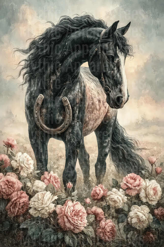 Majestic Black Dapple Horse with Flowing Mane Horseshoe and Pink Roses Vintage Painting Style