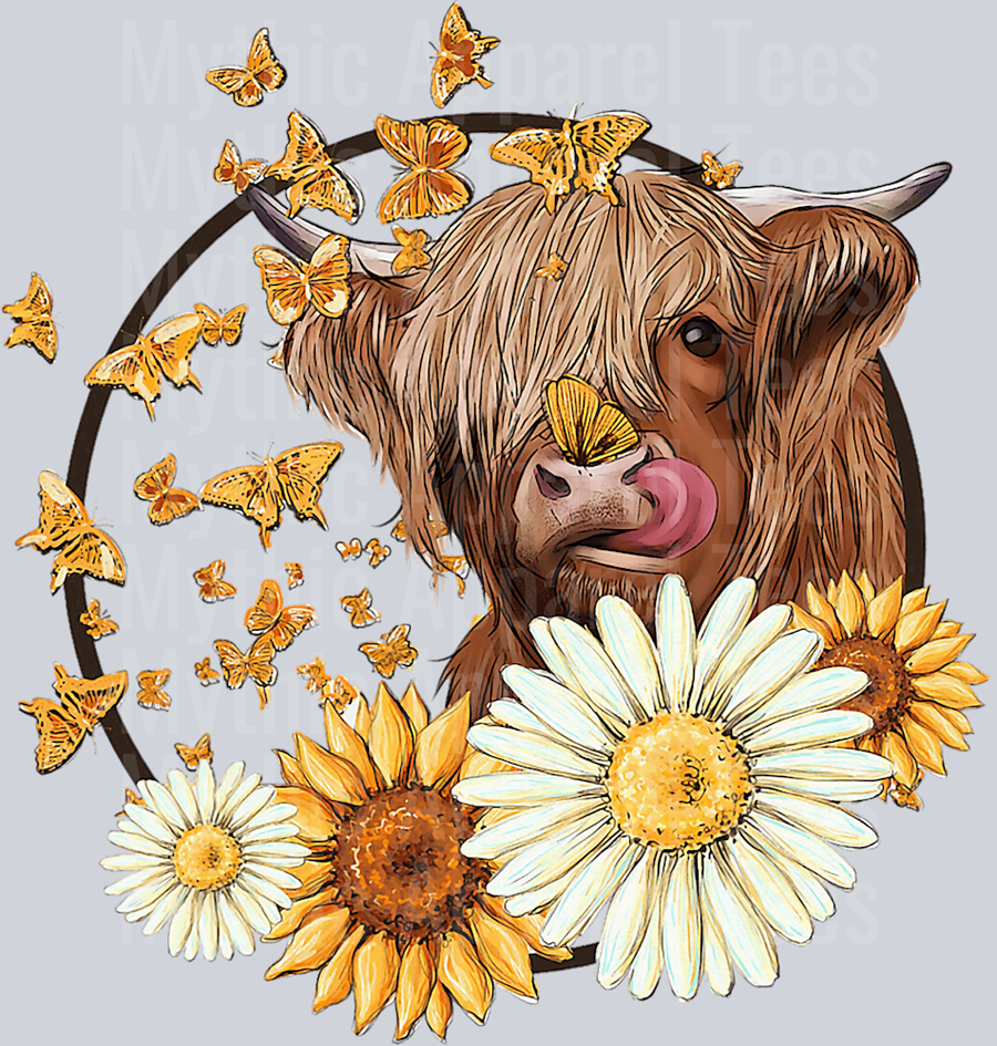 Precious Highland Cow with Flowers and butterflies DTF Highland Cow Transfers