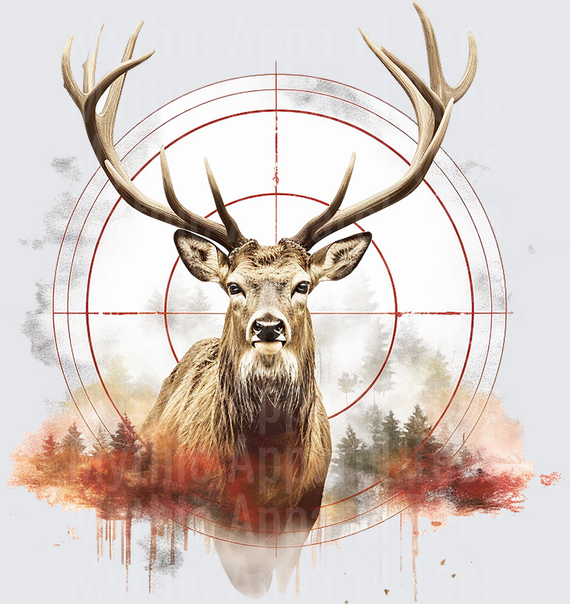 Bull Elk Portrait with Red Rifle Scope Crosshair Autumn Forest Watercolor Background