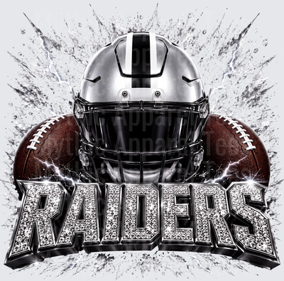 Rhinestone Style NFL Las Vegas Raiders Silver and Black Football Helmet with Diamond Bling Text and Water Splash Explosion