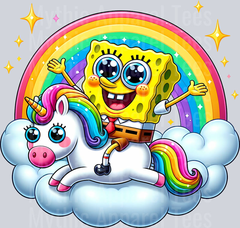 Sponge Bob Riding a Unicorn Rainbow DTF Sponge Bob Transfers
