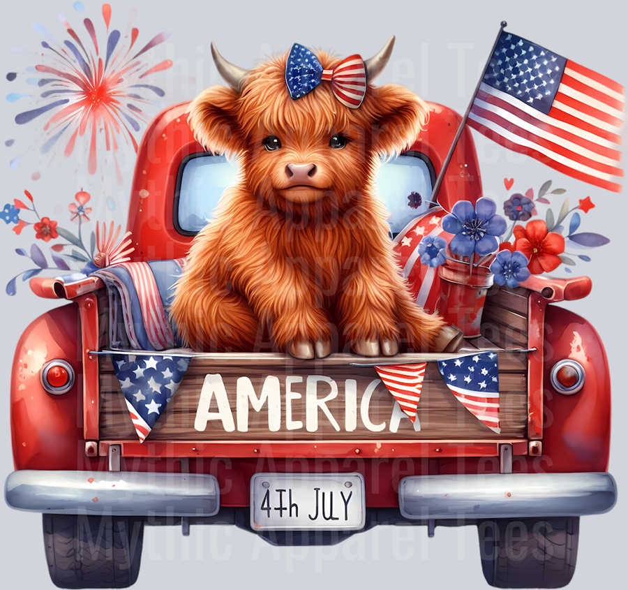 Red Truck with Fireworks and American Flag DTF Patriotic Highland Cow Transfers