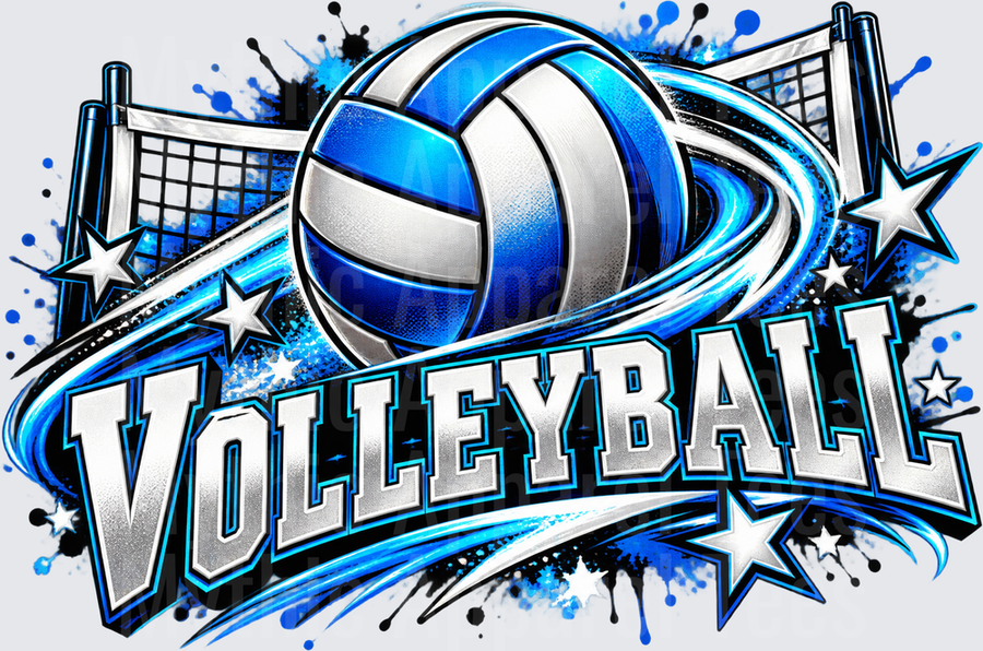 Blue and White Volleyball with Net Stars and Grunge Splatter Bold Graphic**Description:**Electrifying volleyball design featuring a bold blue and white volleyball soaring through dynamic swoosh lines with