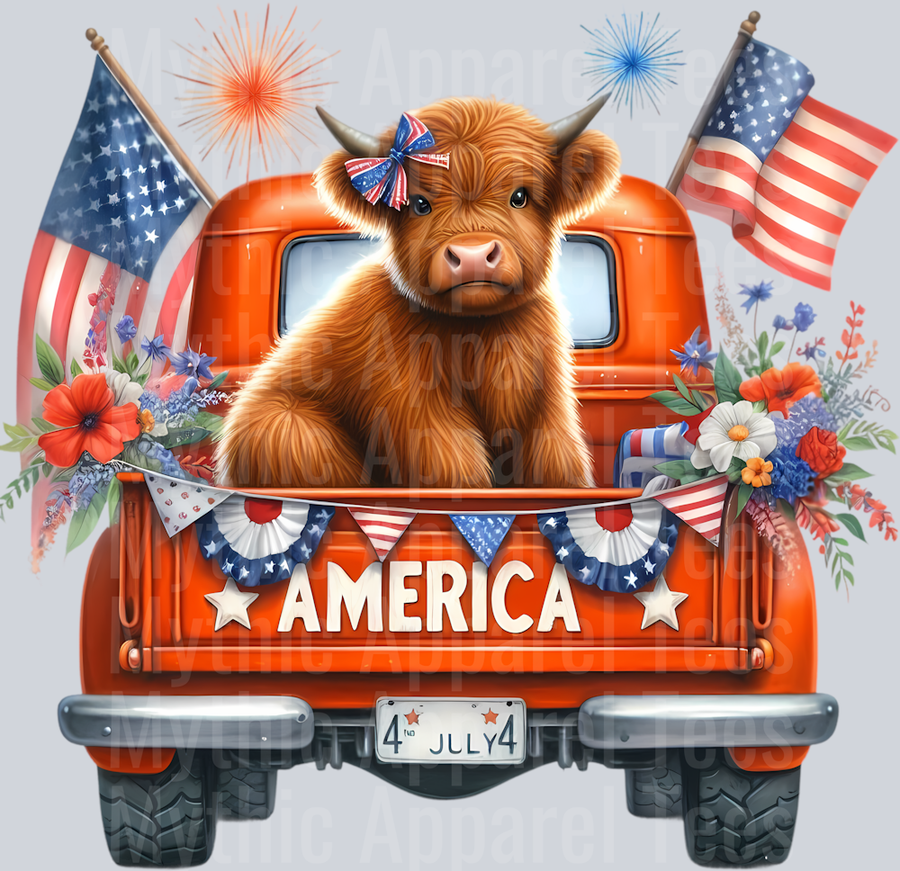 Orange truck with 2 American Flags DTF Patriotic Highland Cow Transfers