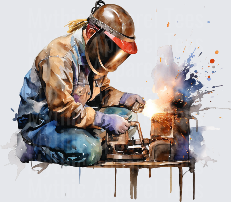 Watercolor Female Welder With Welding Mask Sparks Flying Blue Collar Trades Woman