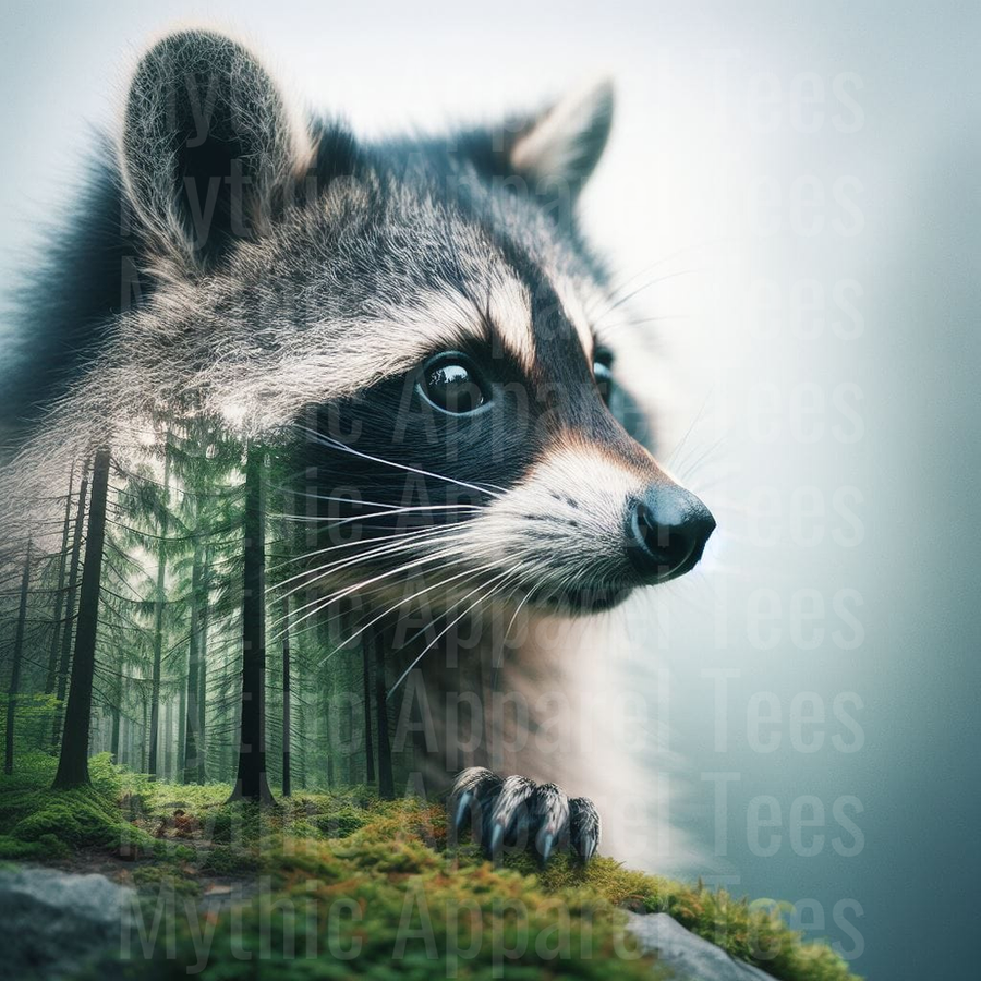 Raccoon Double Exposure with Misty Pine Forest Landscape